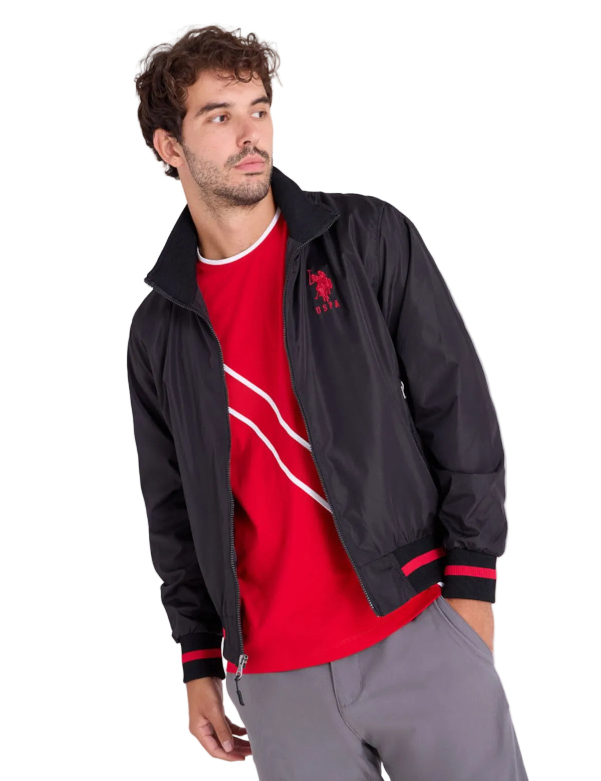U.S. Polo Assn. Men’s Black Bomber Jacket with Red Detailing