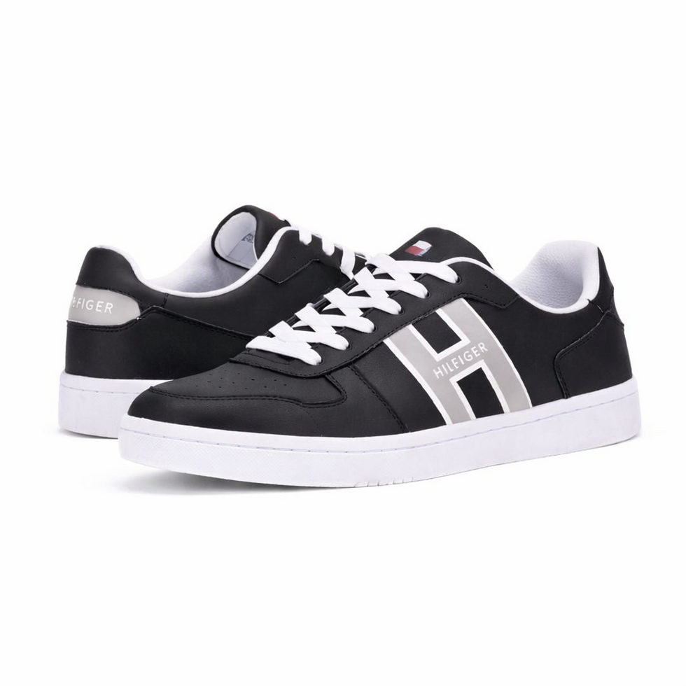 Tommy Hilfiger Men’s Black Leather Sneakers with Silver “H” Logo