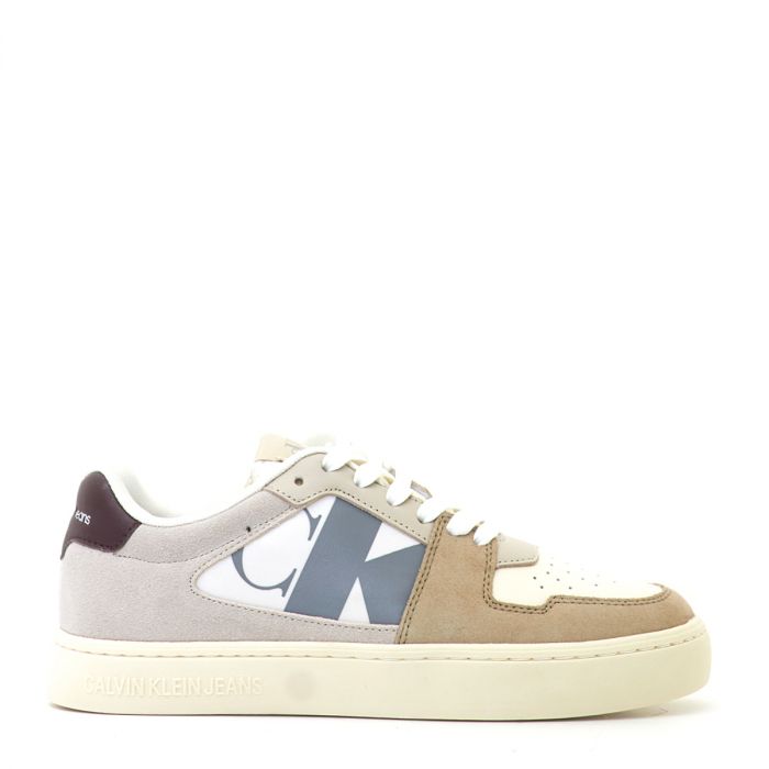 Calvin Klein Jeans Classic Cupsole NBS sneakers in a beige and grey colorway with burgundy details.