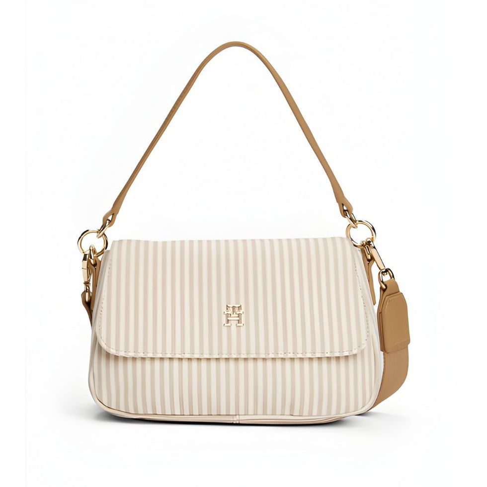 Tommy Hilfiger Poppy Canvas Stripe Convertible Crossbody Bag in light tan/beige.