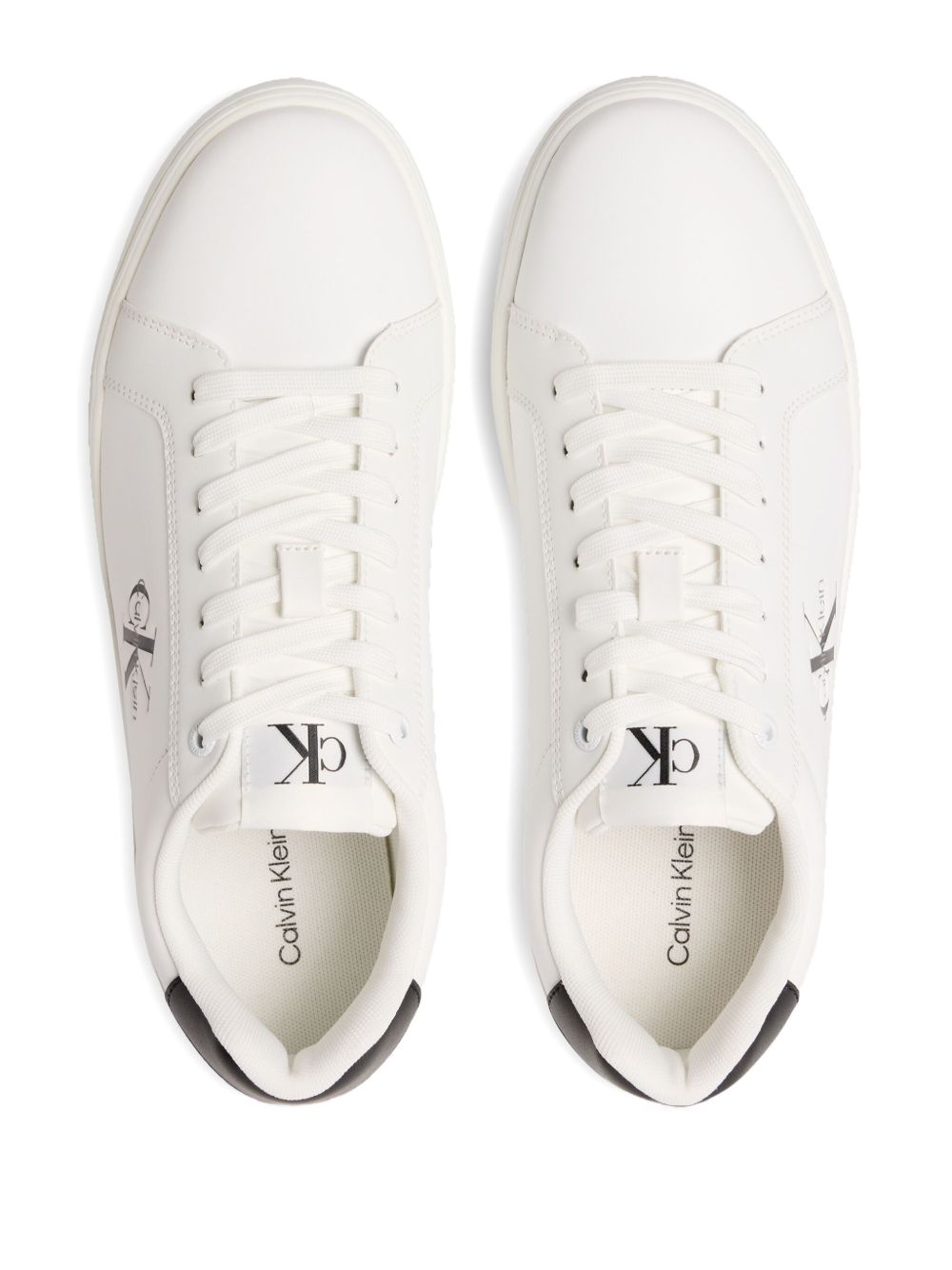 Calvin Klein Jeans Classic Cupsole low-top leather sneakers with a black heel tab and logo details. _ White