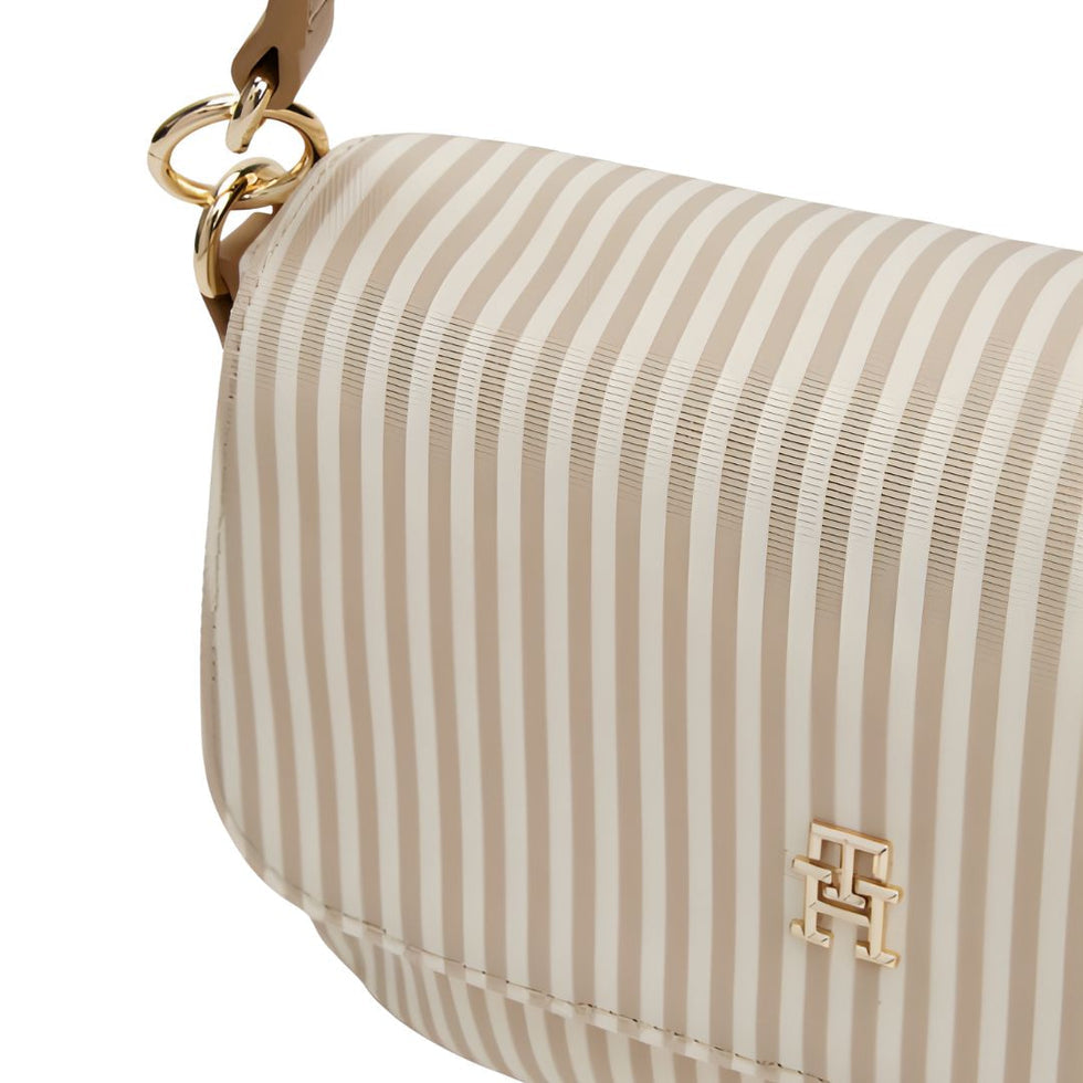 Tommy Hilfiger Poppy Canvas Stripe Convertible Crossbody Bag in light tan/beige.