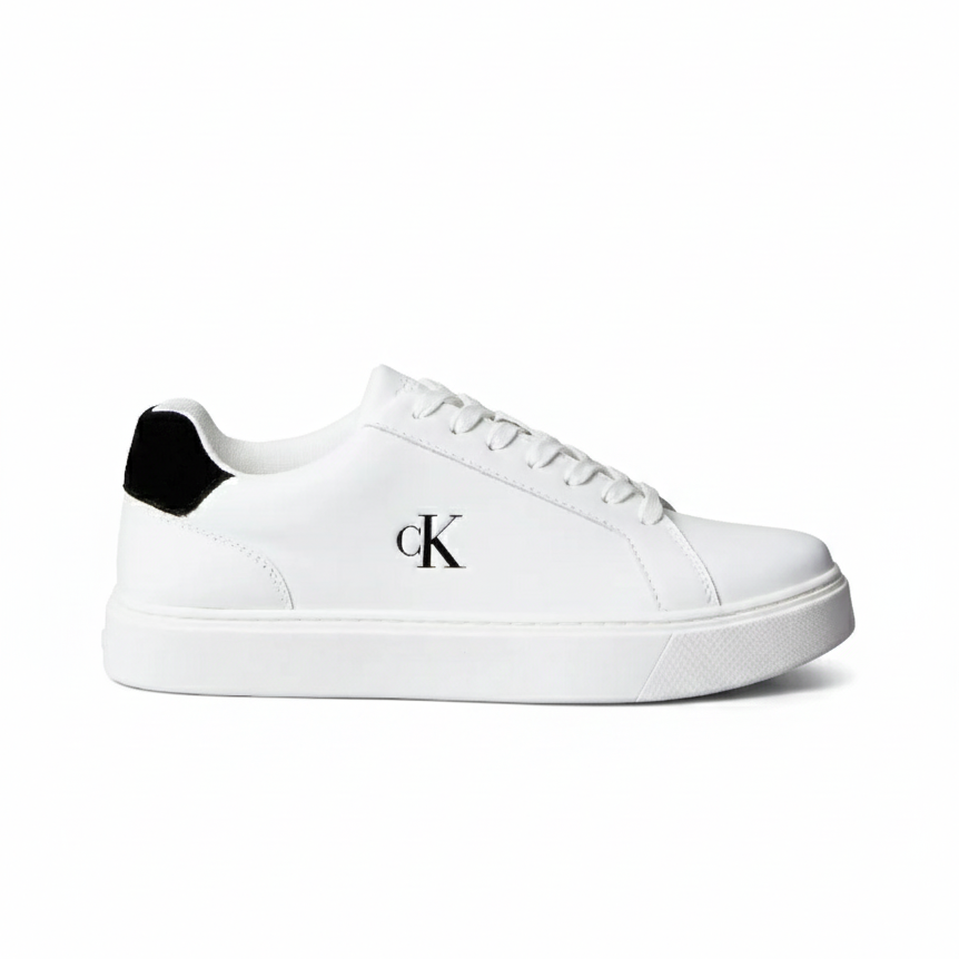 This is a pair of Calvin Klein Jeans Classic Cupsole low-top leather sneakers in white with a black