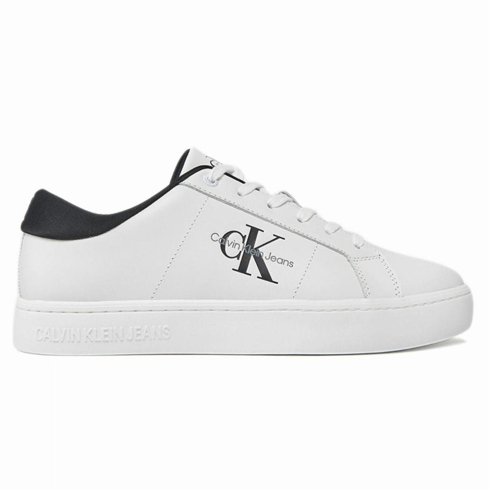Calvin Klein Jeans Classic Cupsole low-top leather sneakers in white and black.