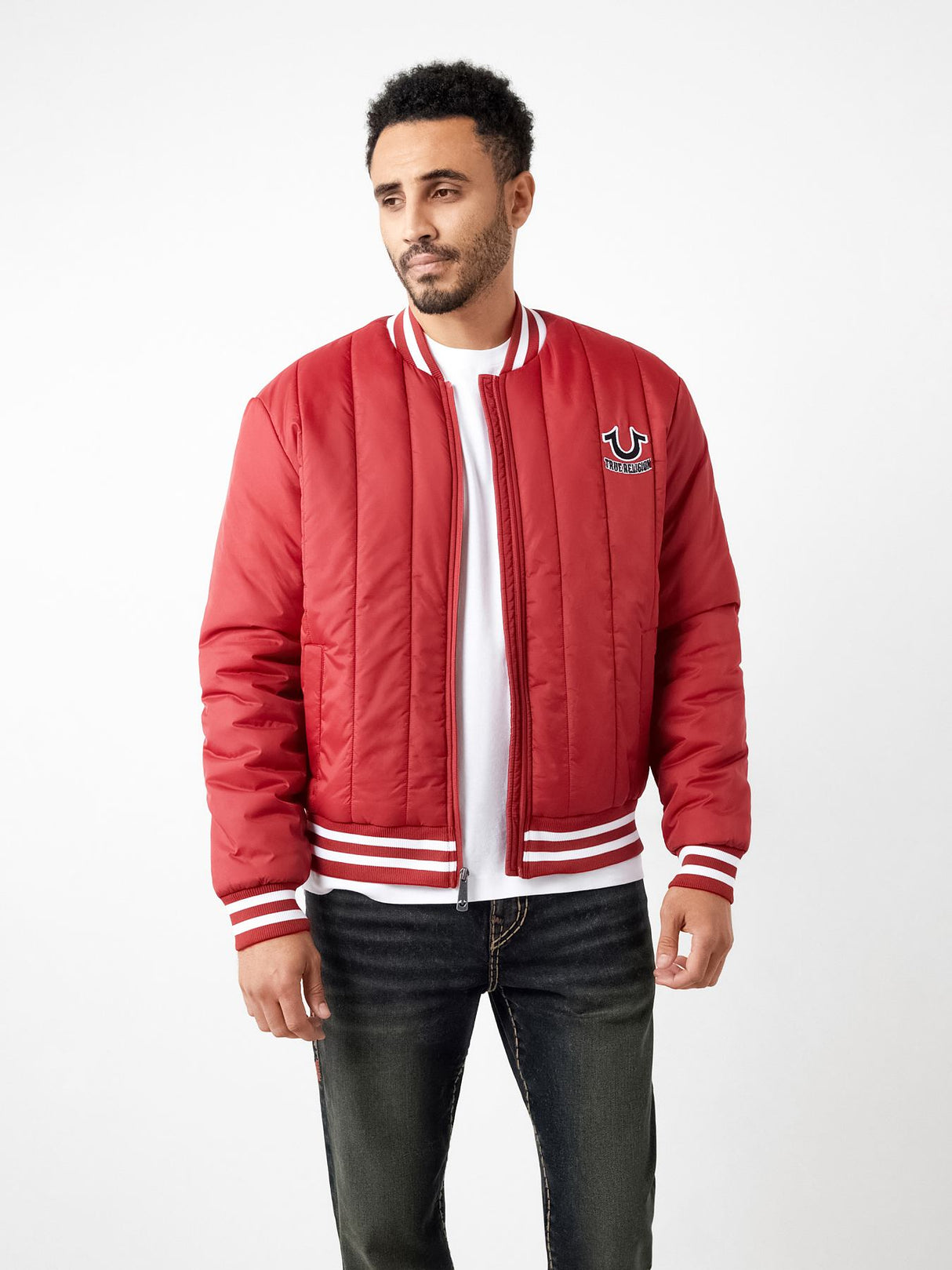 True Religion Men’s Quilted Bomber Jacket – Red