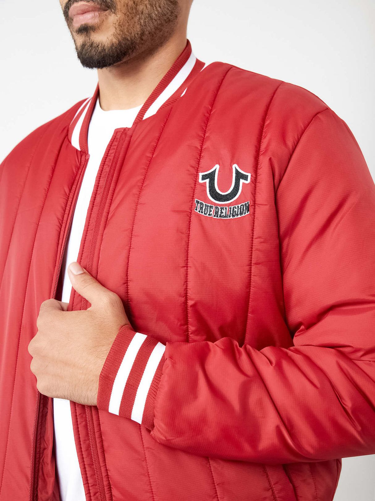 True Religion Men’s Quilted Bomber Jacket – Red