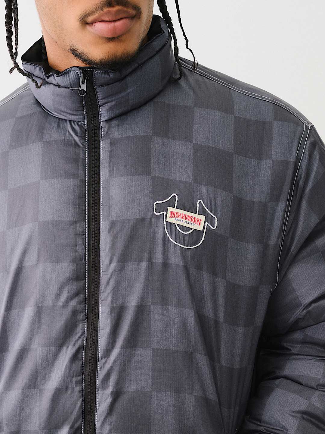 True Religion Men’s Checkered Puffer Jacket – Black/Grey