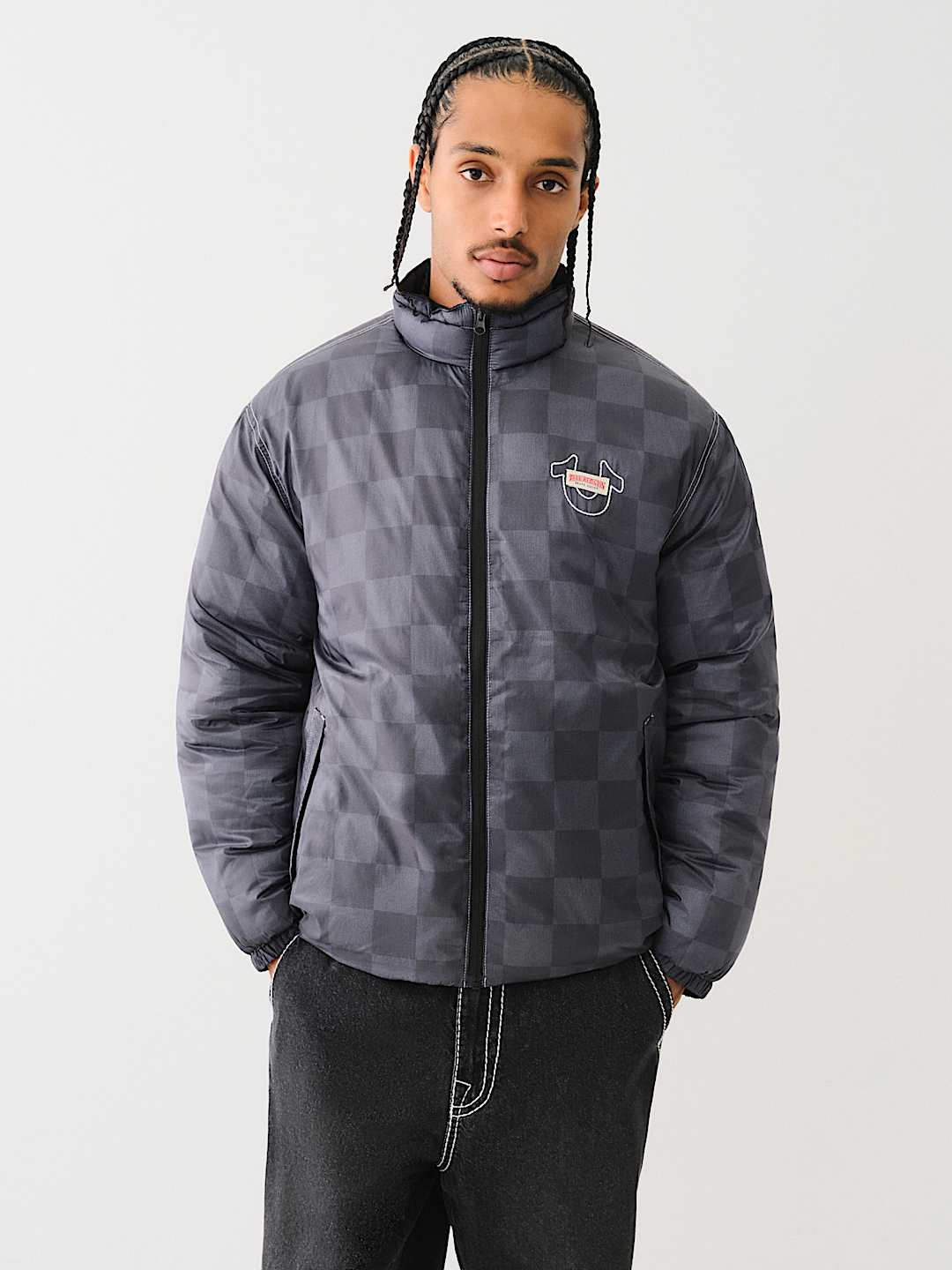True Religion Men’s Checkered Puffer Jacket – Black/Grey