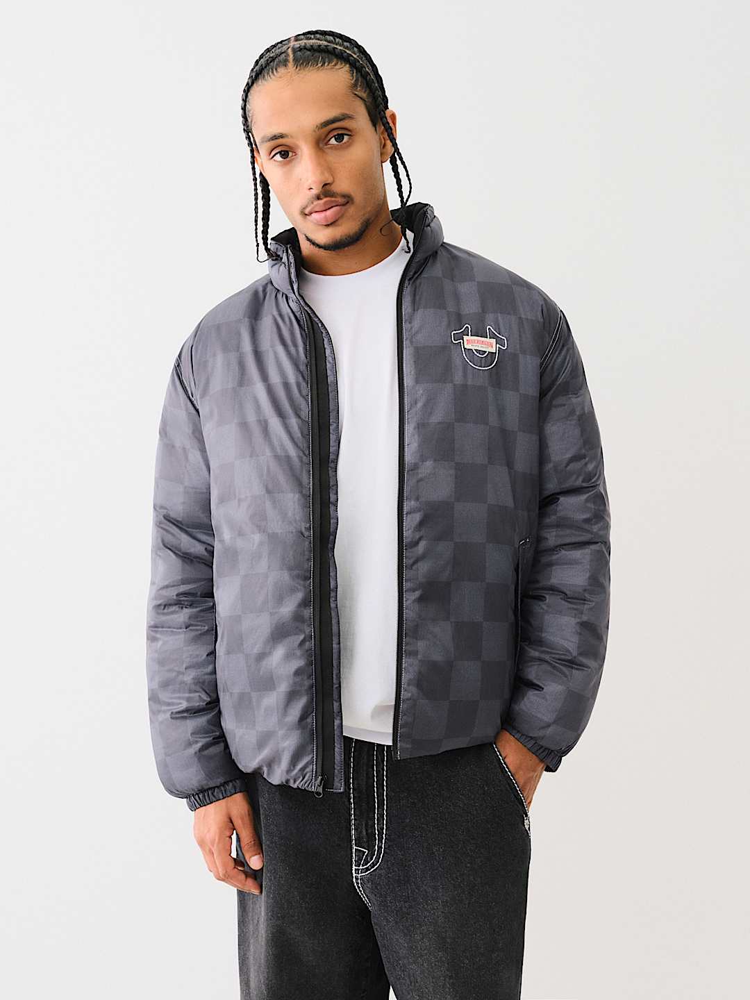 True Religion Men’s Checkered Puffer Jacket – Black/Grey
