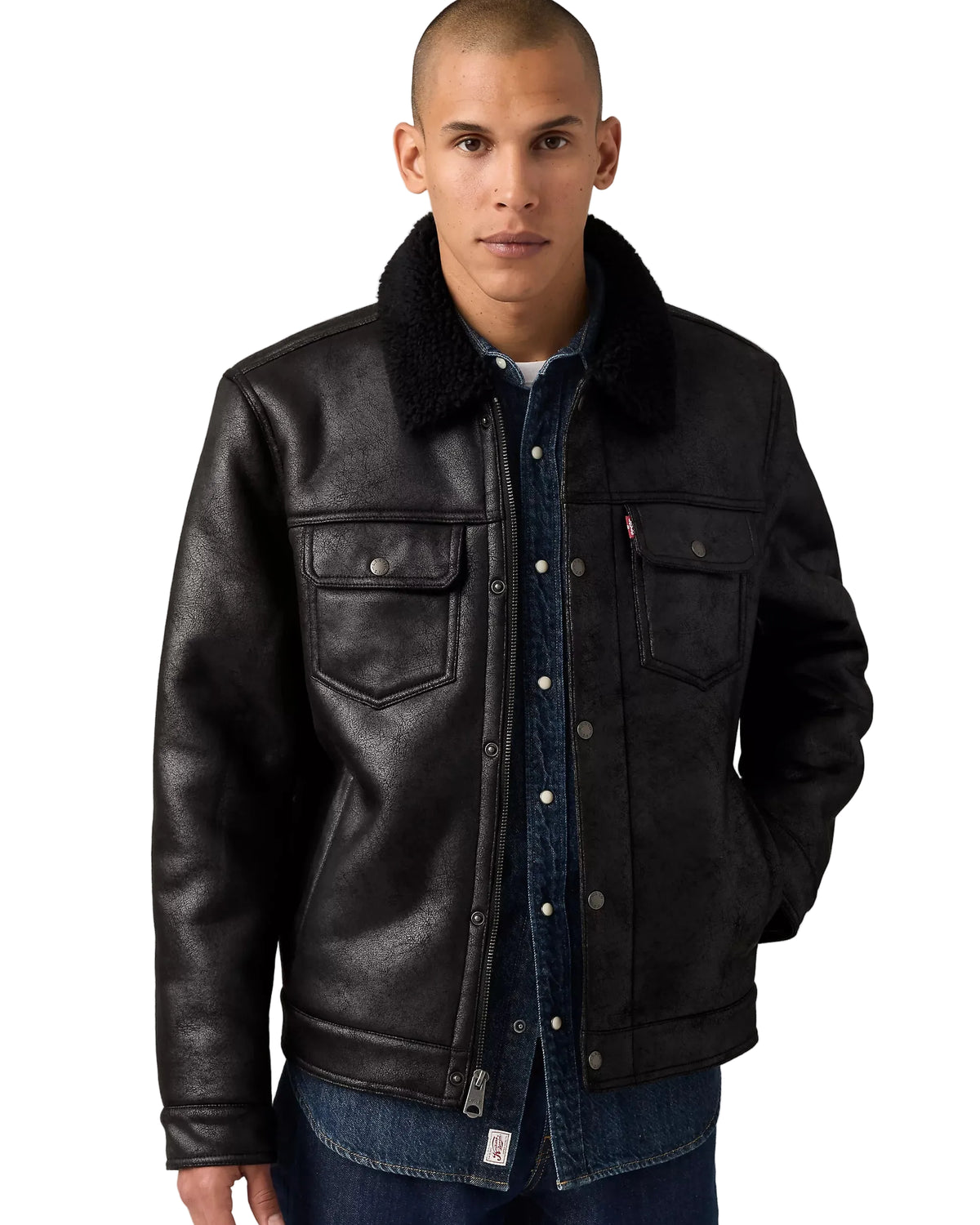 Levi’s Men’s Two Chest Pocket Faux Shearling Sherpa Collar Jacket – Black