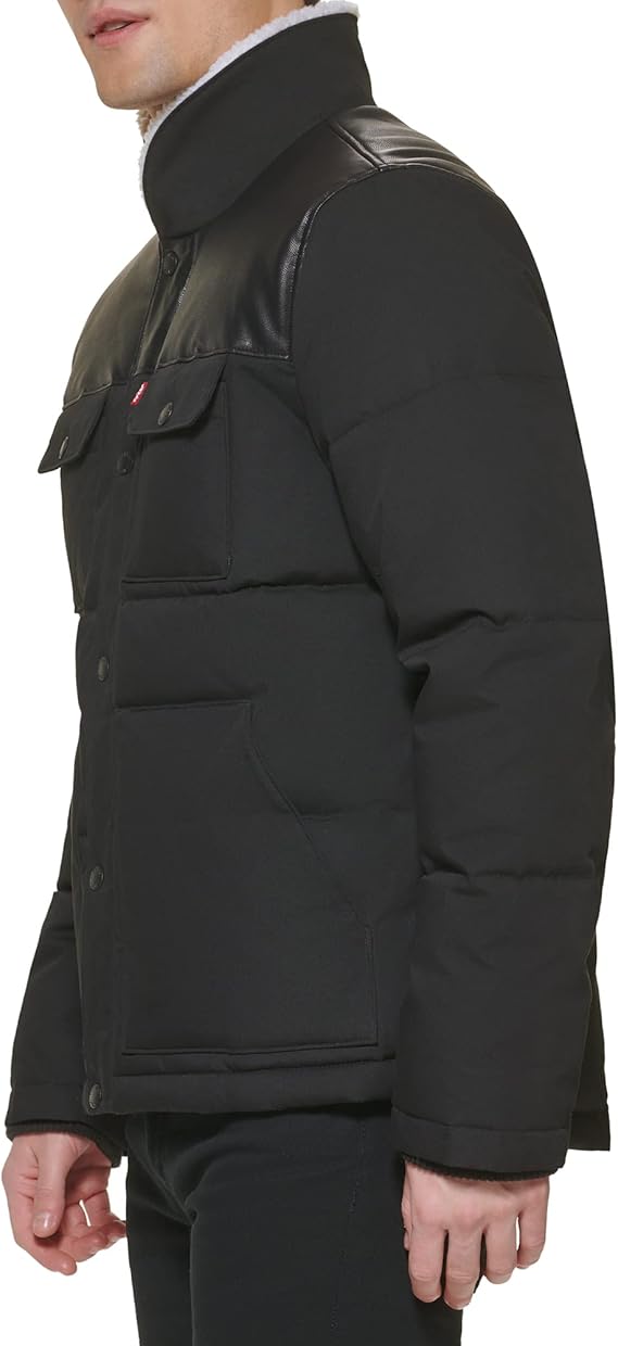 Levi’s Men’s Puffer Jacket with Faux Leather Shoulders – Black
