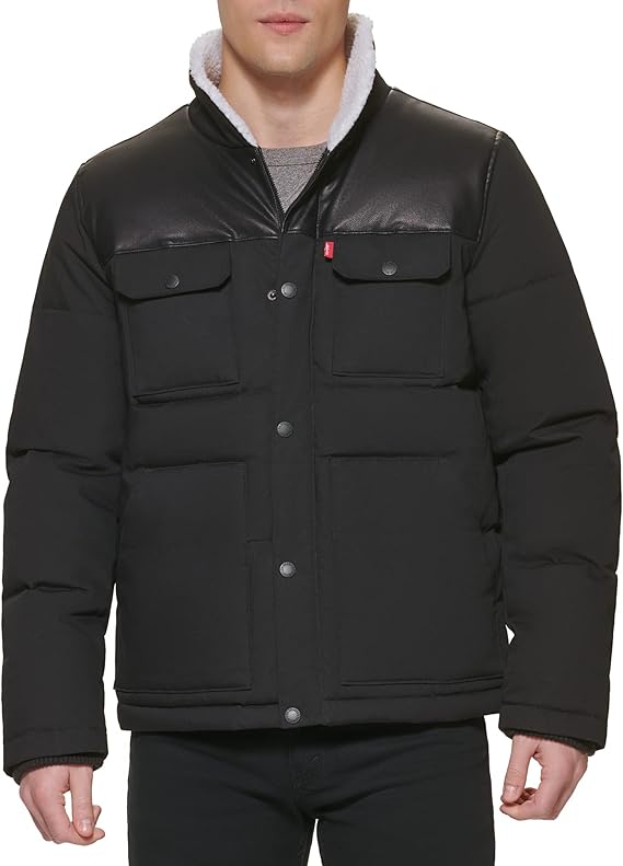 Levi’s Men’s Puffer Jacket with Faux Leather Shoulders – Black