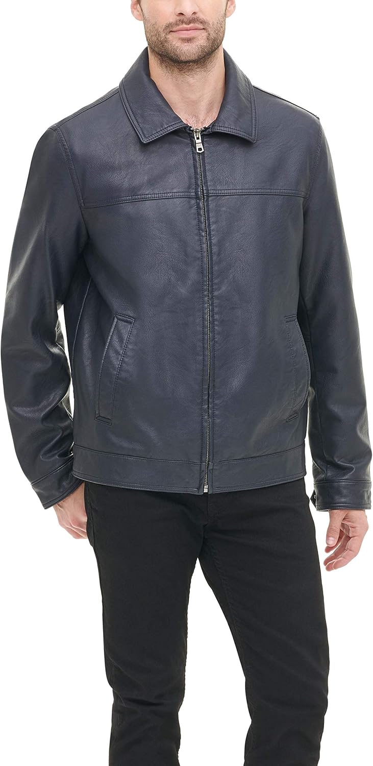 Tommy Hilfiger Men's Navy Leather Jacket (Ah-USA)