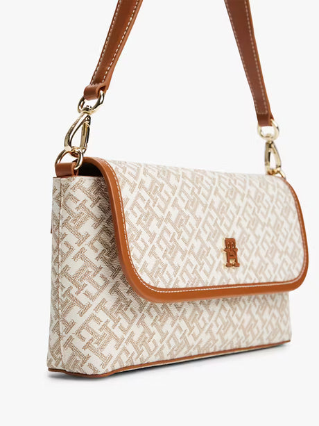 Tommy Hilfiger Women’s Beige Monogram Shoulder Bag – Tan Trim