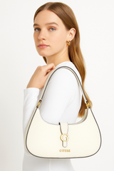 Guess White Crescent Shoulder Bag with Gold G Buckle