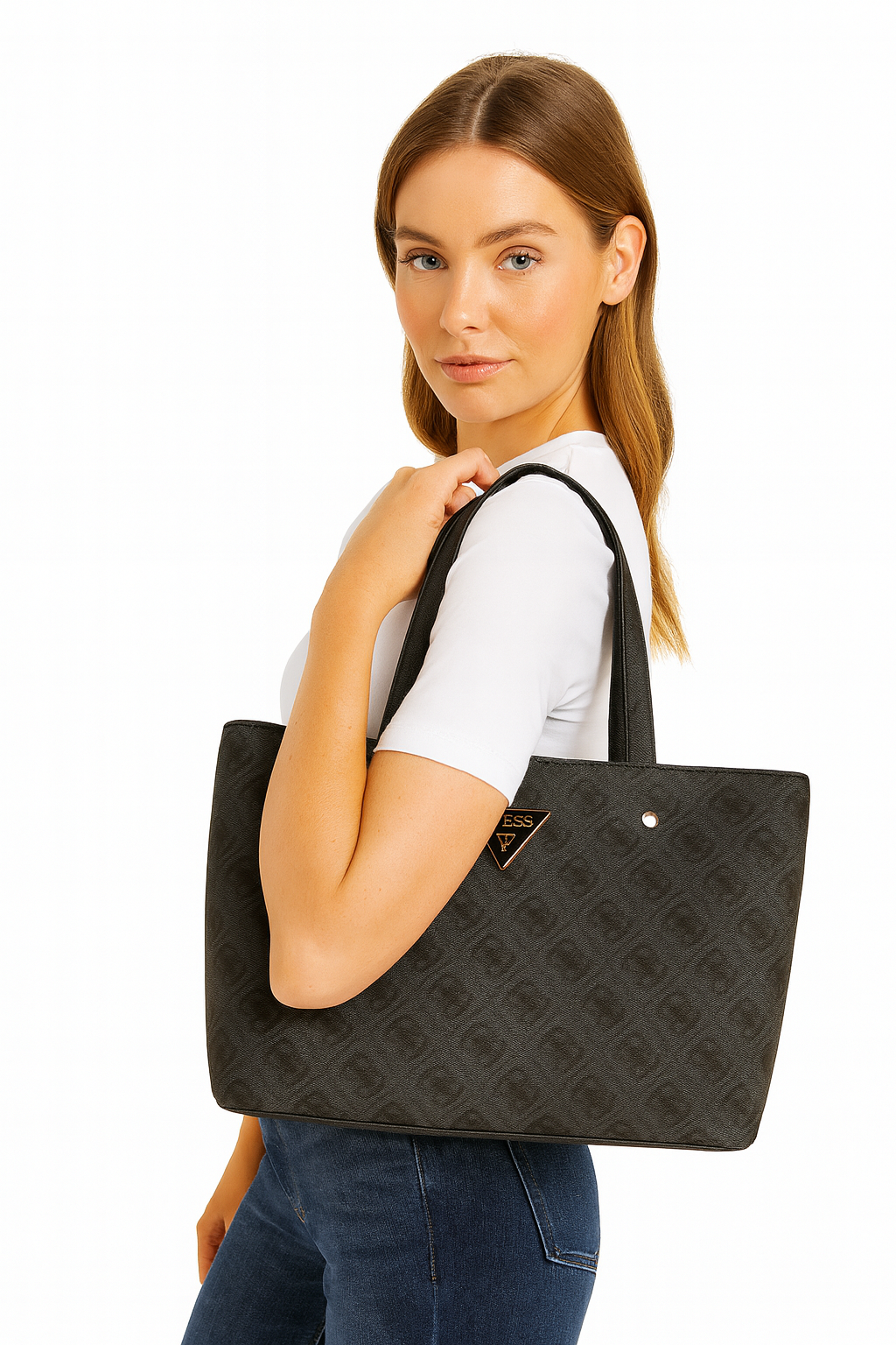 Guess Dark Charcoal Monogram Tote Bag
