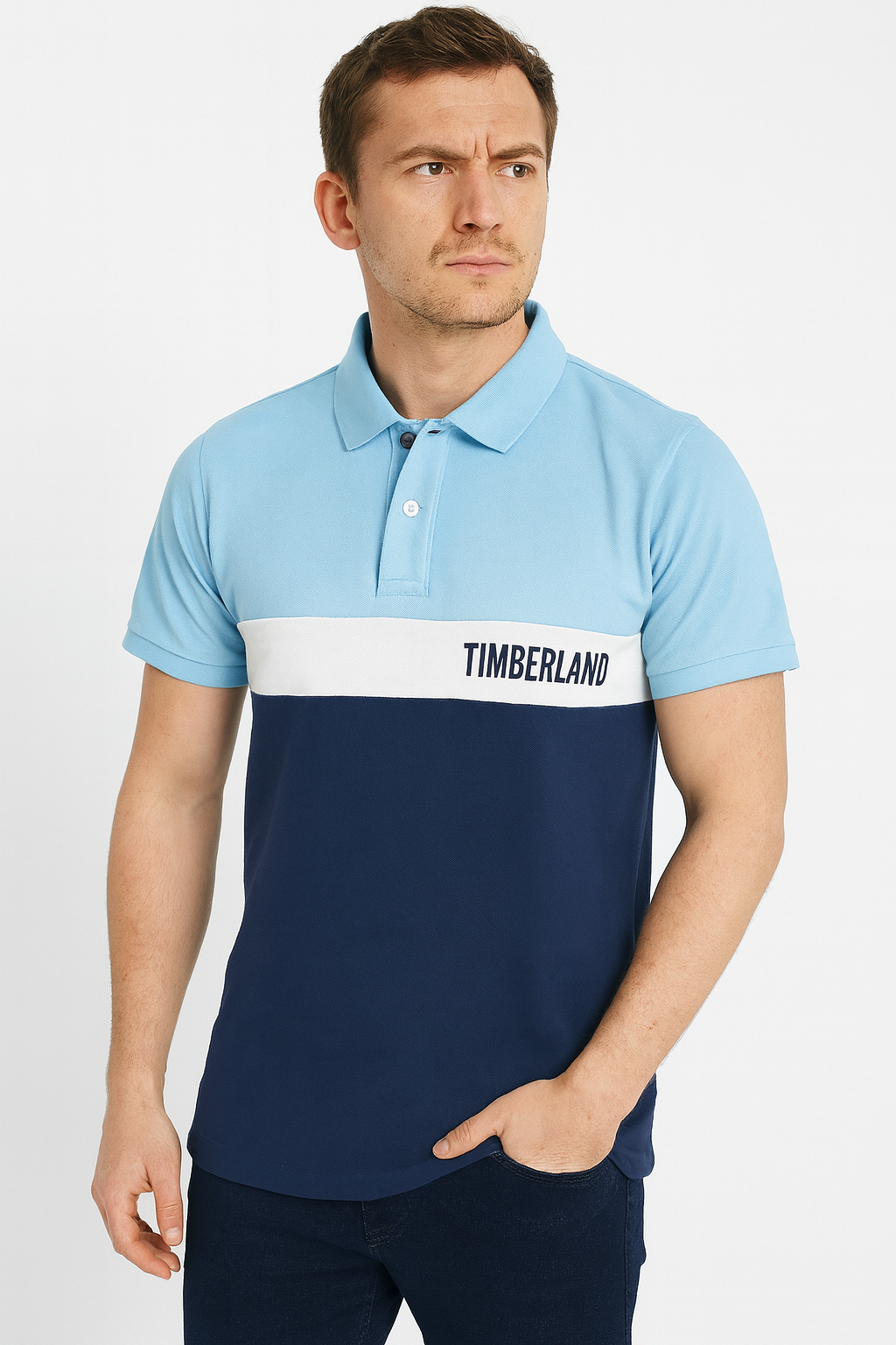 Timberland Men’s Color Block Polo T-Shirt – Light Blue & Navy