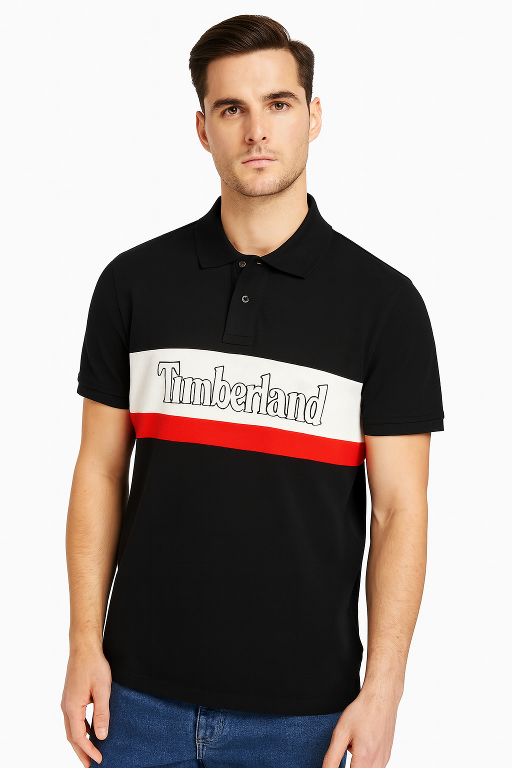 Timberland Men’s Black Polo T-Shirt with White & Red Chest Stripe