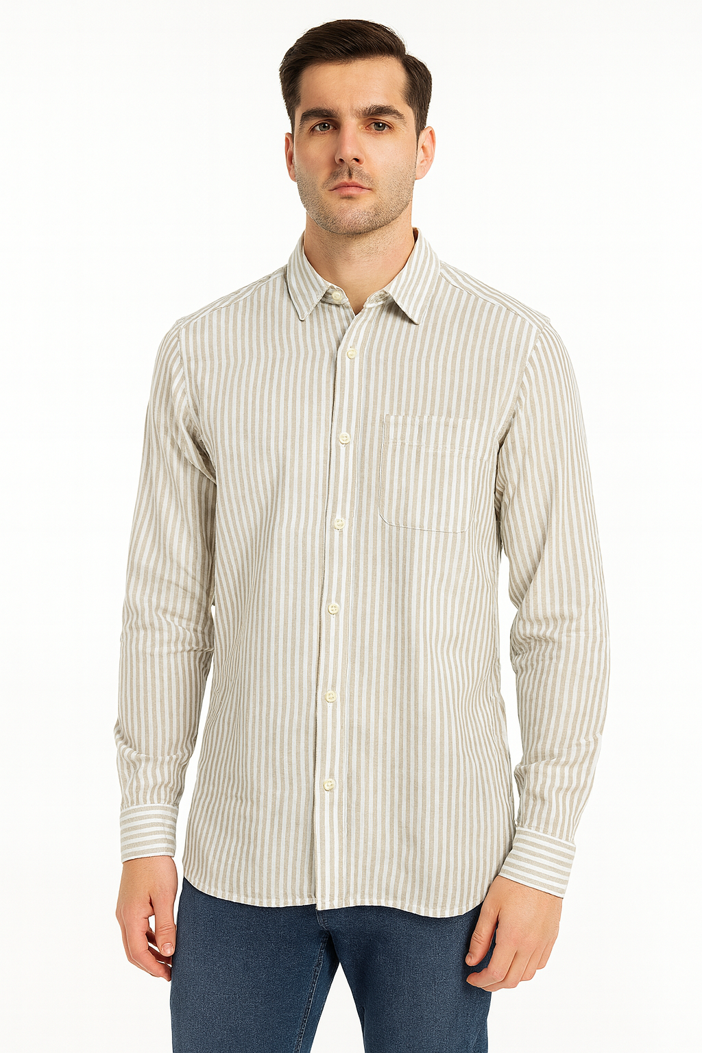 Men’s Striped Linen-Cotton Long Sleeve Shirt – Casual Slim Fit