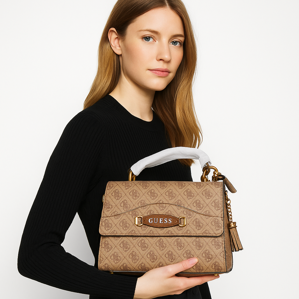 Guess Monogram Satchel Handbag – Brown Elegance