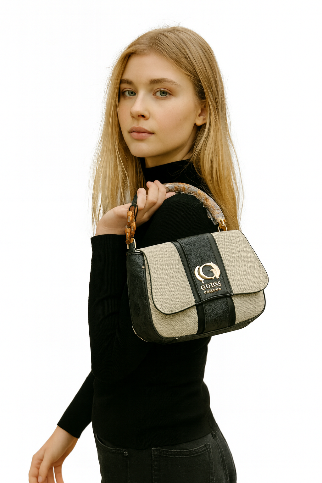 Guess Beige & Black Canvas Shoulder Bag with Gold Logo