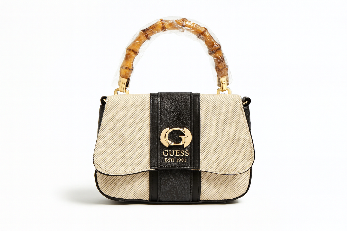Guess Beige & Black Canvas Shoulder Bag with Gold Logo