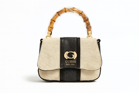 Guess Beige & Black Canvas Shoulder Bag with Gold Logo