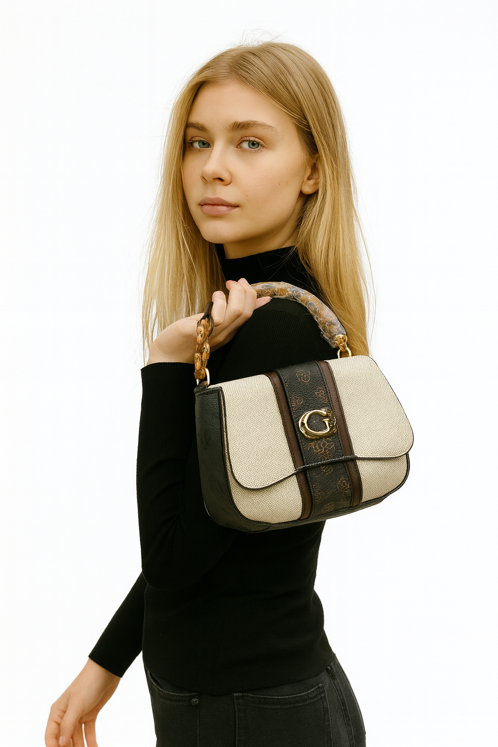 Guess Beige & Brown Monogram Shoulder Bag with Gold Logo