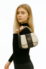 Guess Beige & Brown Monogram Shoulder Bag with Gold Logo