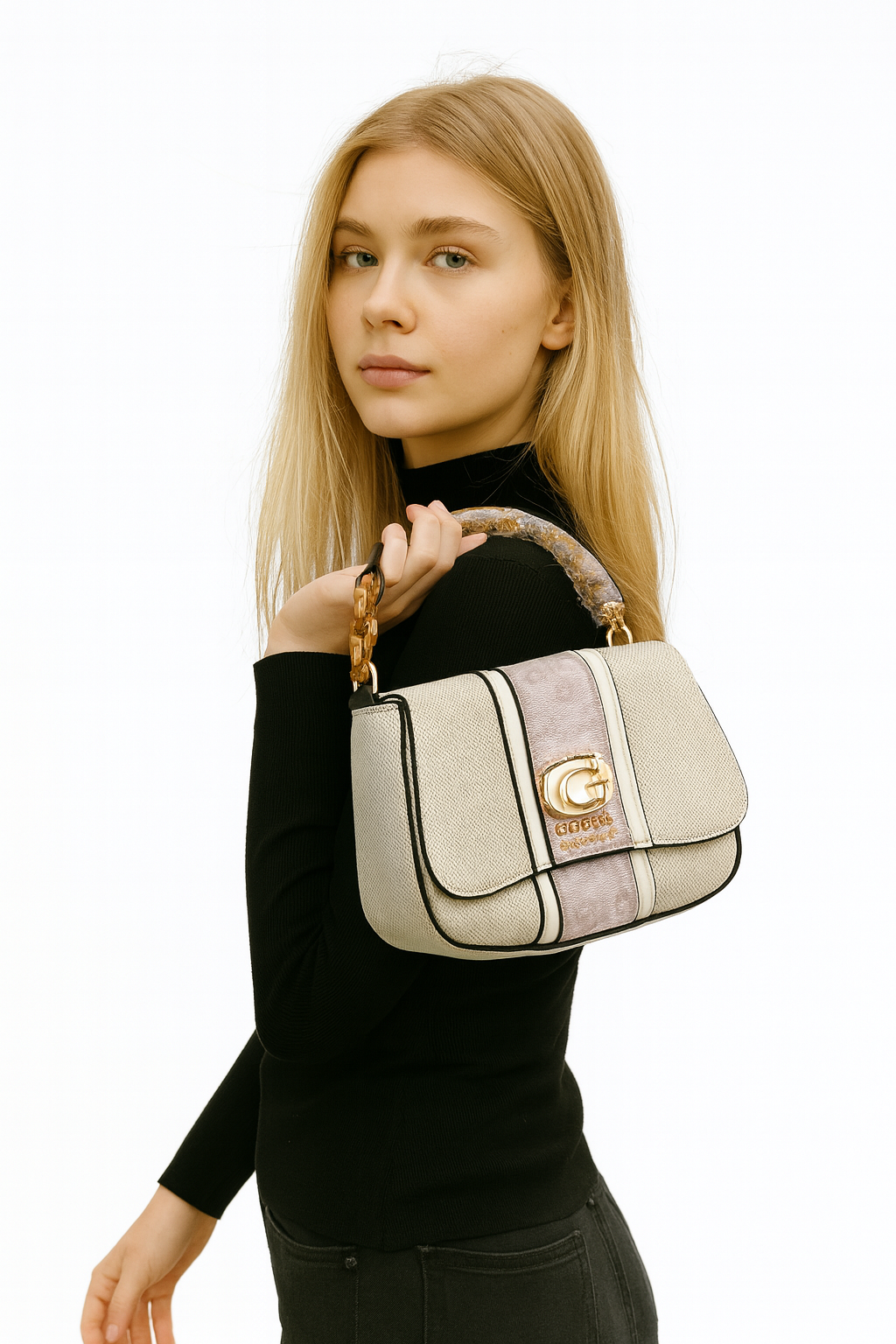 Guess Beige & Light Taupe Canvas Shoulder Bag with Gold Logo
