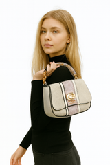 Guess Beige & Light Taupe Canvas Shoulder Bag with Gold Logo