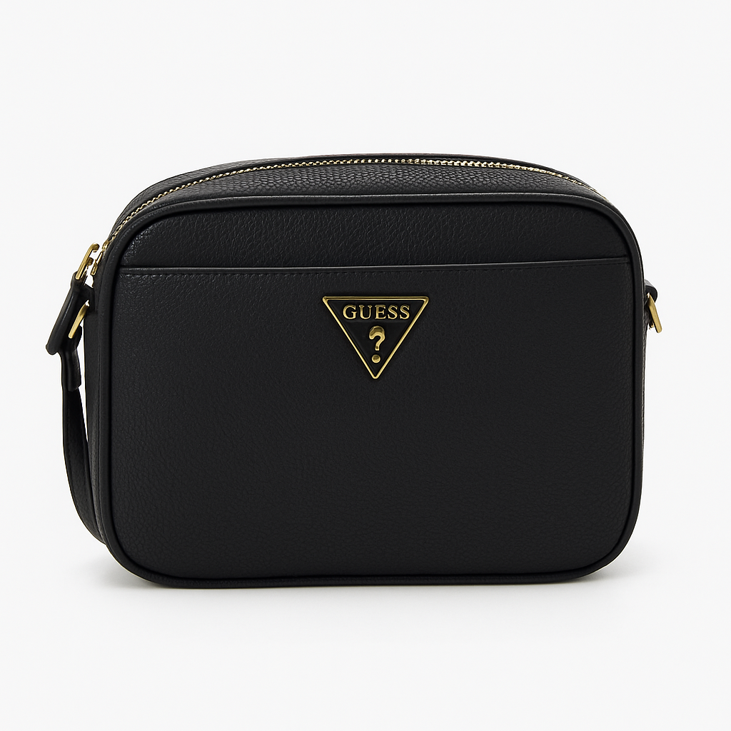 Guess Black Pebbled Crossbody Bag with Gold Triangle Logo