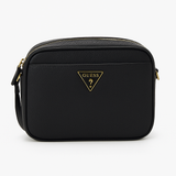 Guess Black Pebbled Crossbody Bag with Gold Triangle Logo