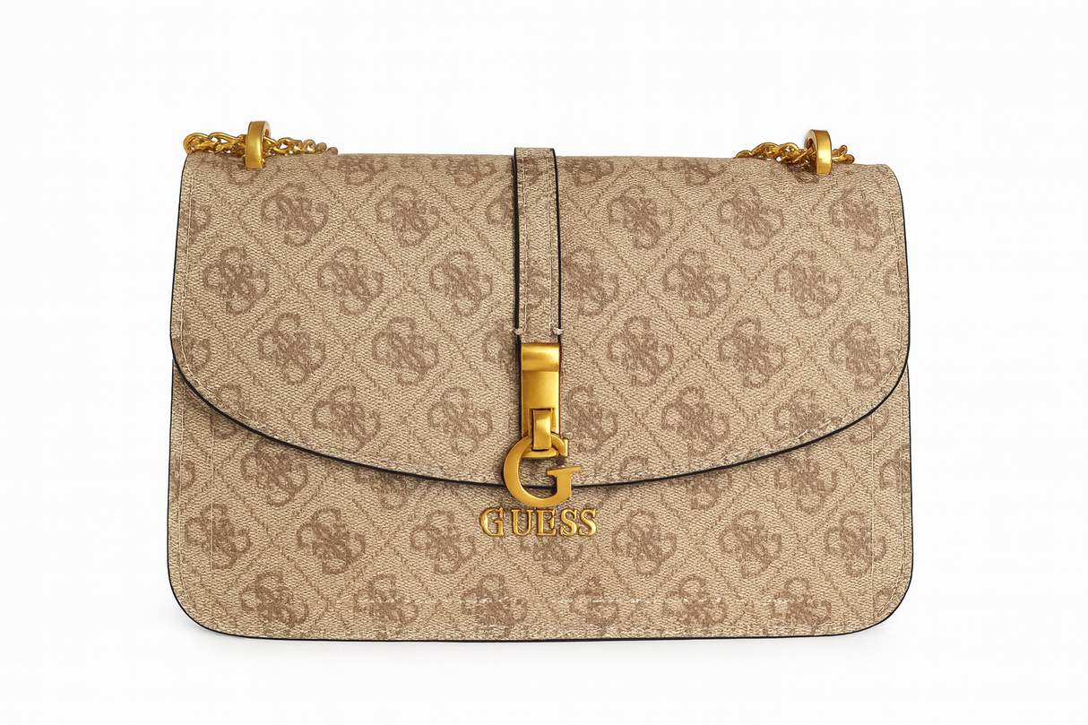 Guess Beige Monogram Crossbody Bag with Gold-Tone Chain