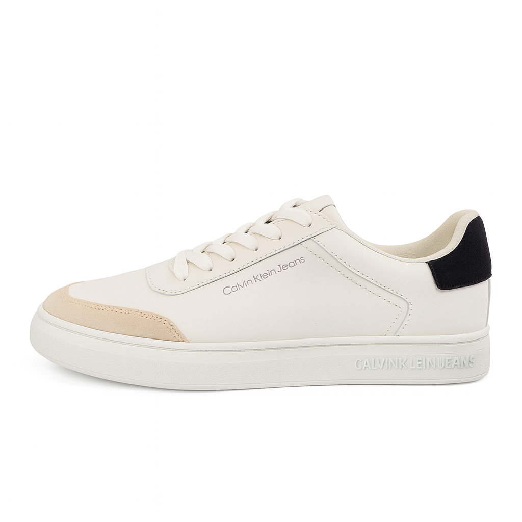 Calvin Klein Jeans Men's Sneakers – White with Beige & Black Accents