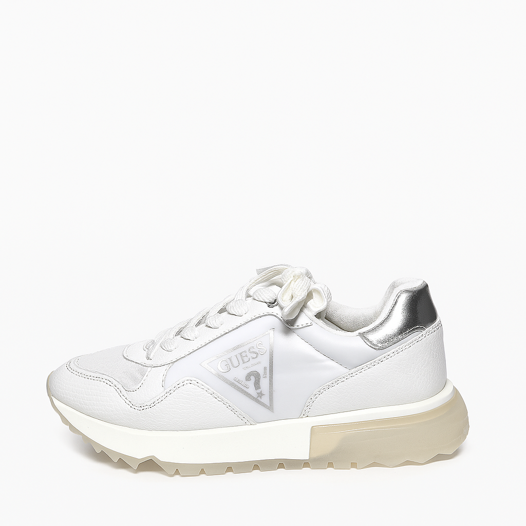 GUESS Women’s White Chunky Sneakers with Metallic Silver Accent