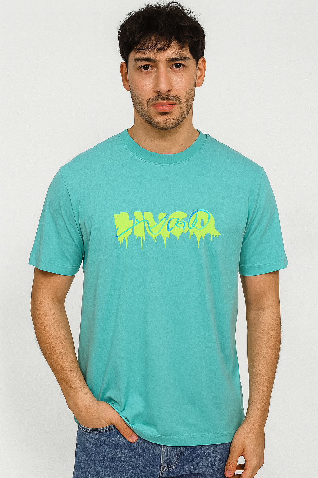 HUGO Men’s Teal Drip‑Logo Graphic Tee