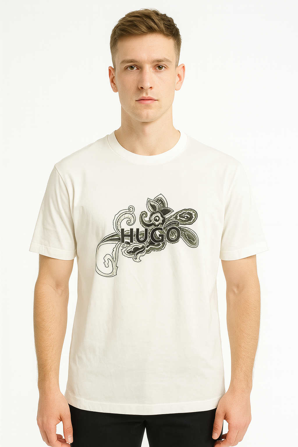 HUGO Men’s Regular‑Fit Paisley Graphic T‑Shirt – White