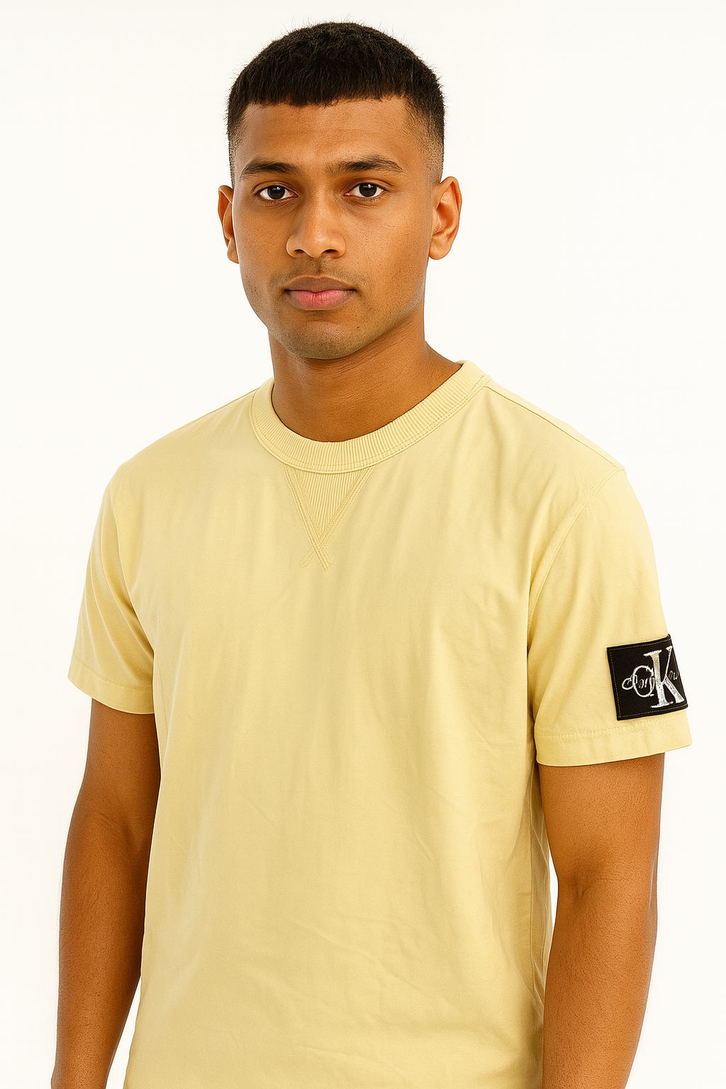 Calvin Klein Men’s Regular Fit Pale Yellow Logo-Patch Crewneck T-Shirt