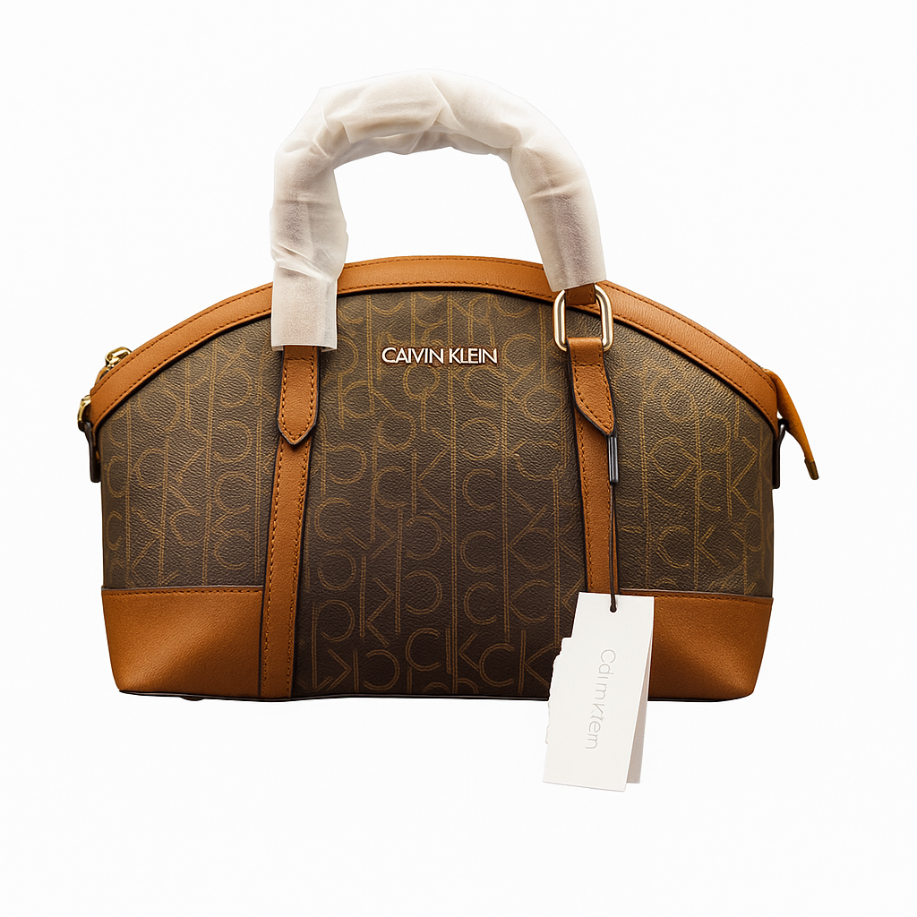 Calvin Klein Signature Dome Satchel Bag – Brown Monogram with Leather Accents