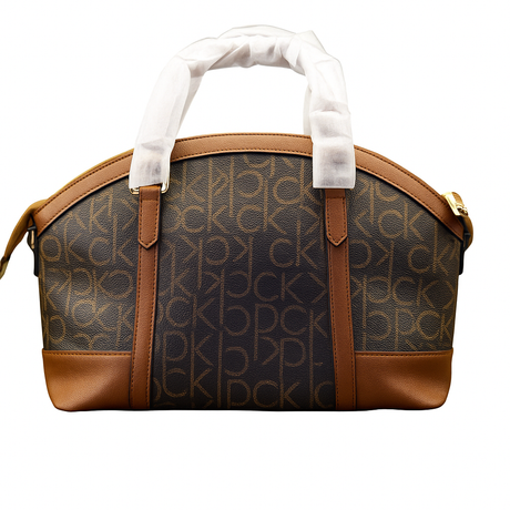Calvin Klein Signature Dome Satchel Bag – Brown Monogram with Leather Accents