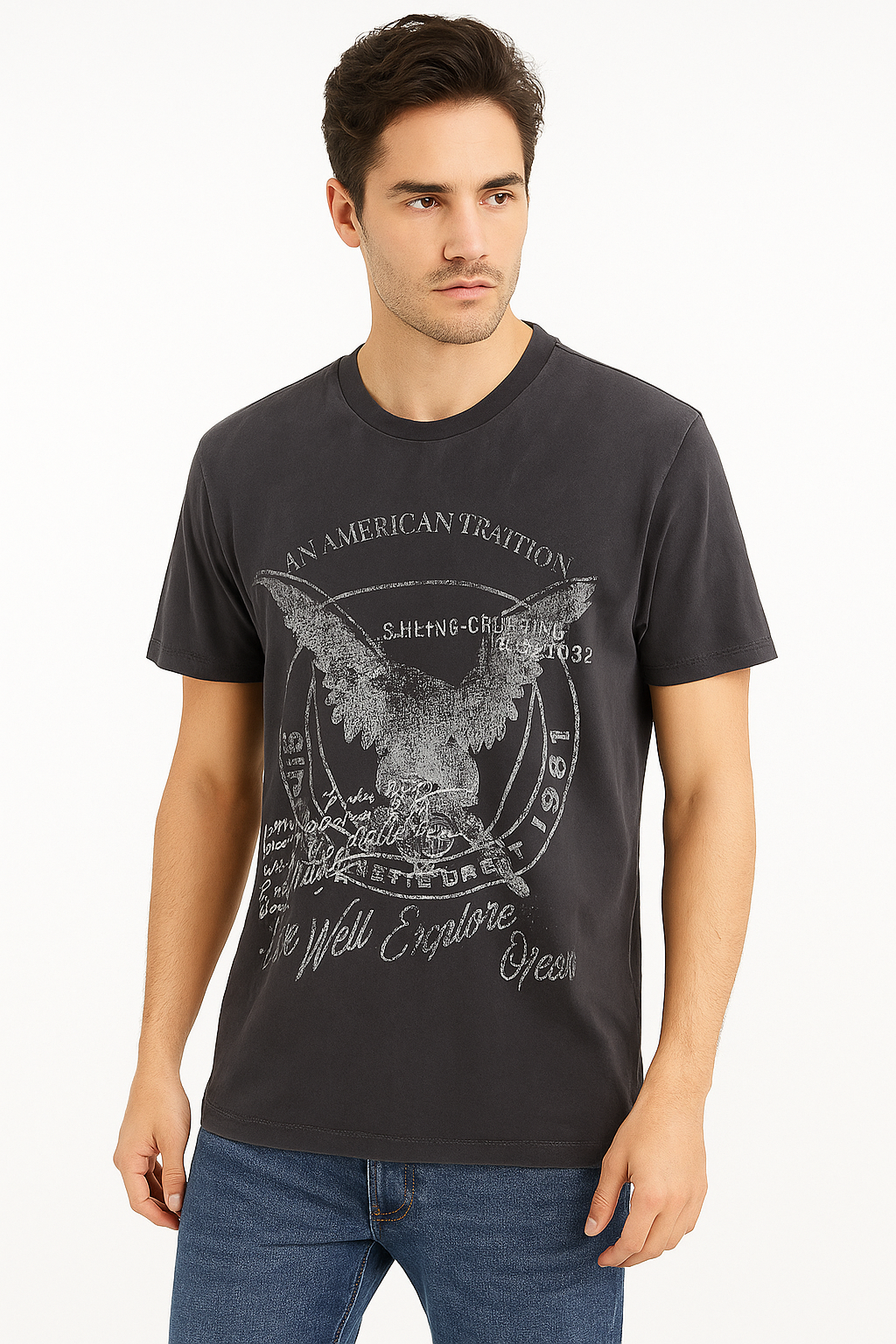 GUESS Vintage Eagle Graphic T-Shirt – Charcoal Black