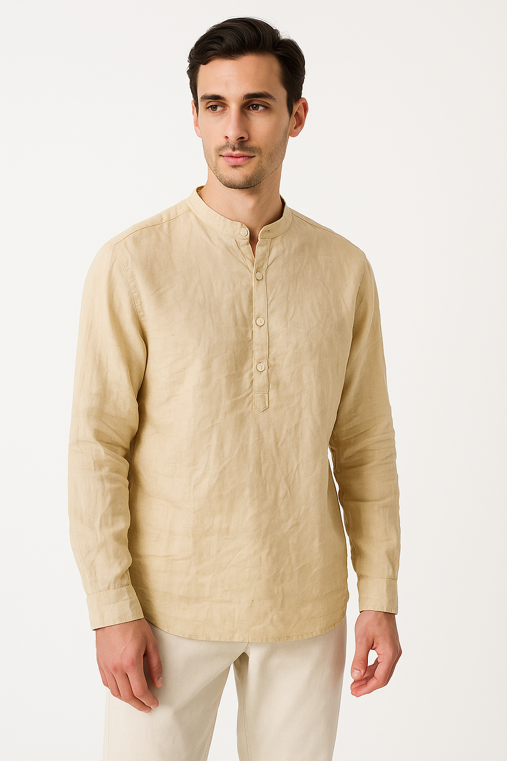 Zara Men’s Beige Mandarin Collar Linen Shirt