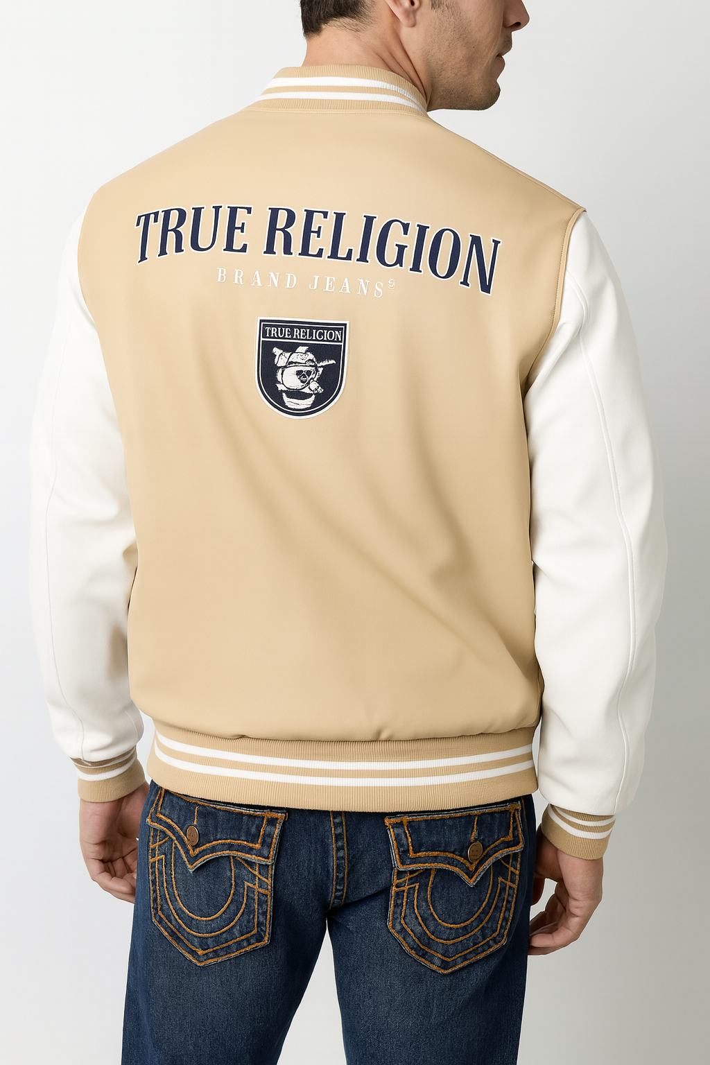 True Religion Men’s Varsity Jacket – Tan & White