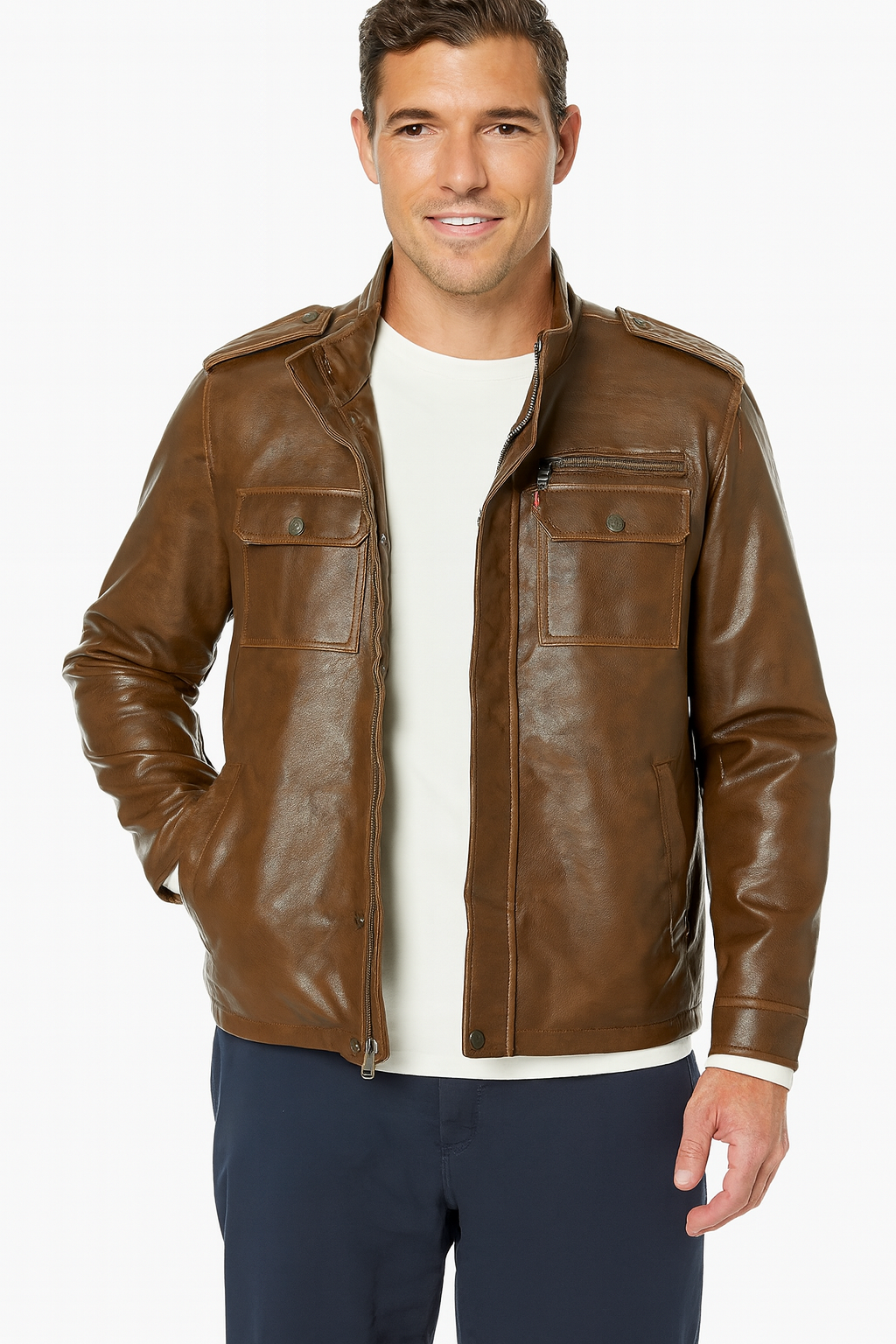 Levi’s Men’s Faux Leather Racer Jacket with Epaulets and Utility Pockets – Brown
