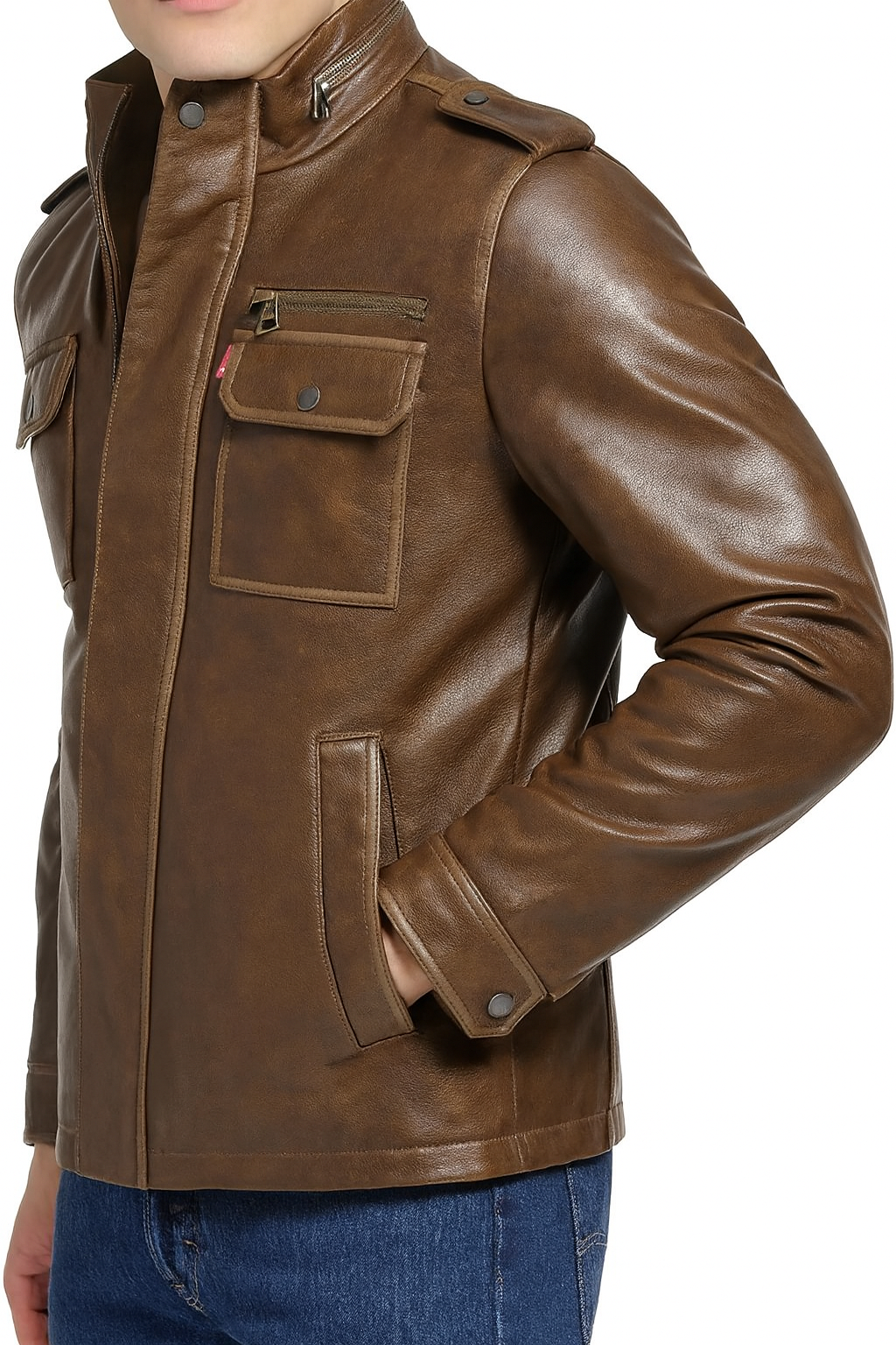 Levi’s Men’s Faux Leather Racer Jacket with Epaulets and Utility Pockets – Brown