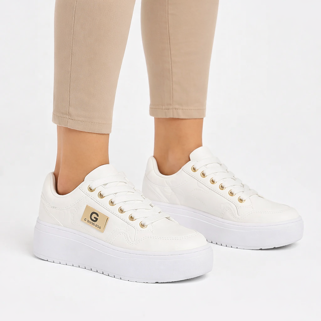 GBG Los Angeles Women’s White Platform Sneakers with Gold Logo
