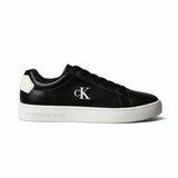 This is a pair of Calvin Klein Classic Cupsole Patch Leather sneakers in black and white.