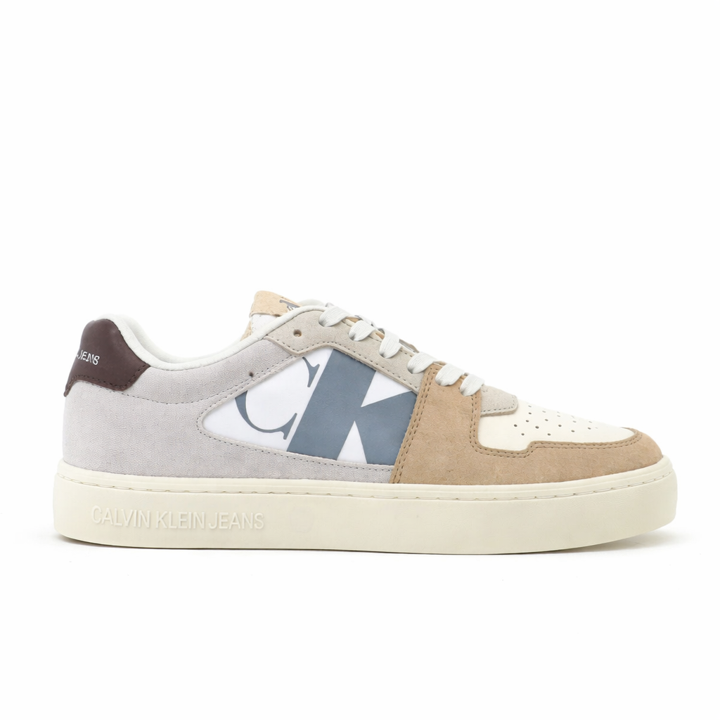 Calvin Klein Jeans Classic Cupsole NBS sneakers in a beige and grey colorway with burgundy details.