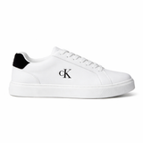 This is a pair of Calvin Klein Jeans Classic Cupsole low-top leather sneakers in white with a black